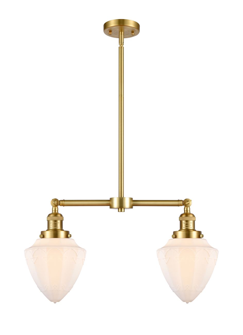 209-SG-G661-7 2-Light 24" Satin Gold Island Light - Matte White Cased Small Bullet Glass - LED Bulb - Dimmensions: 24 x 7 x 15.25<br>Minimum Height : 24.25<br>Maximum Height : 48.25 - Sloped Ceiling Compatible: Yes