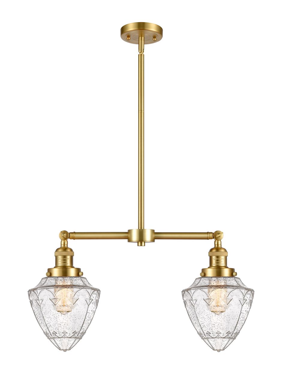209-SG-G664-7 2-Light 24" Satin Gold Island Light - Seedy Small Bullet Glass - LED Bulb - Dimmensions: 24 x 7 x 15.25<br>Minimum Height : 24.25<br>Maximum Height : 48.25 - Sloped Ceiling Compatible: Yes