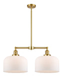 209-SG-G71-L 2-Light 21" Satin Gold Island Light - Matte White Cased X-Large Bell Glass - LED Bulb - Dimmensions: 21 x 5 x 10<br>Minimum Height : 23.125<br>Maximum Height : 47.125 - Sloped Ceiling Compatible: Yes