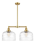 209-SG-G713-L 2-Light 21" Satin Gold Island Light - Clear Deco Swirl X-Large Bell Glass - LED Bulb - Dimmensions: 21 x 5 x 10<br>Minimum Height : 23.125<br>Maximum Height : 47.125 - Sloped Ceiling Compatible: Yes