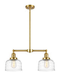 209-SG-G713 2-Light 21" Satin Gold Island Light - Clear Deco Swirl Large Bell Glass - LED Bulb - Dimmensions: 21 x 5 x 10<br>Minimum Height : 20.875<br>Maximum Height : 44.875 - Sloped Ceiling Compatible: Yes