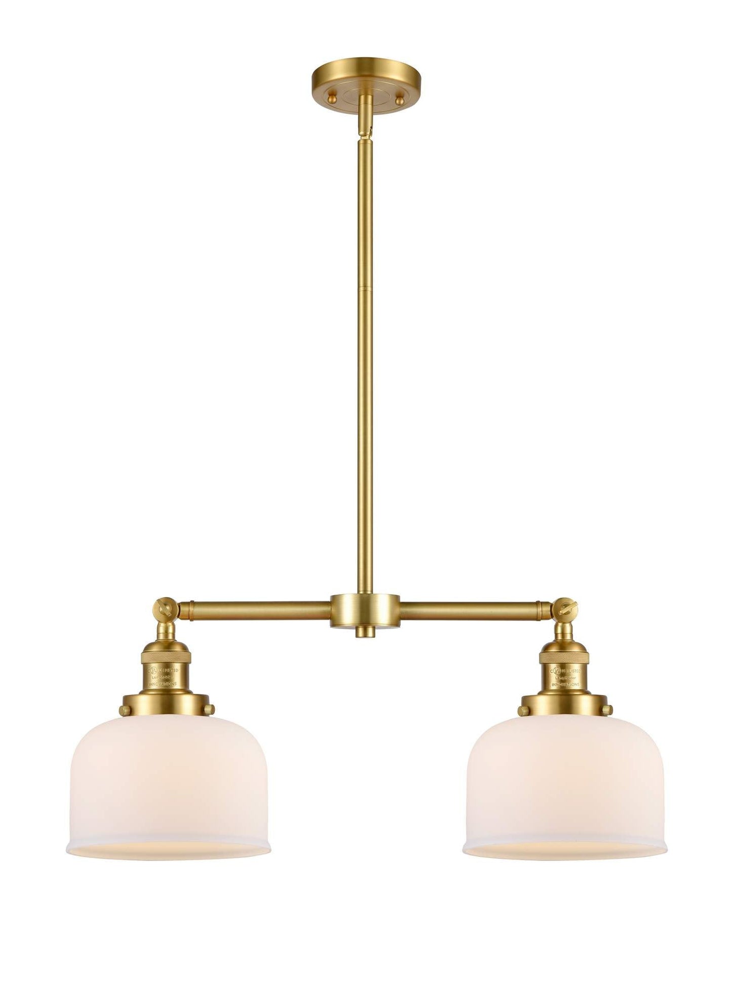 209-SG-G71 2-Light 21" Satin Gold Island Light - Matte White Cased Large Bell Glass - LED Bulb - Dimmensions: 21 x 5 x 10<br>Minimum Height : 20.875<br>Maximum Height : 44.875 - Sloped Ceiling Compatible: Yes