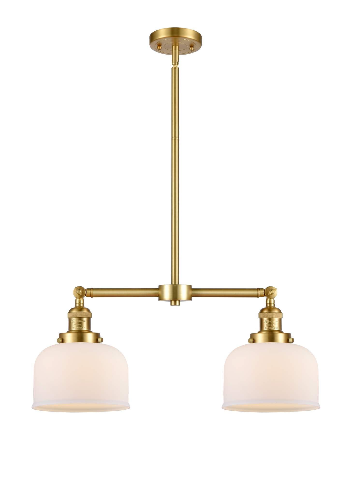 209-SG-G71 2-Light 21" Satin Gold Island Light - Matte White Cased Large Bell Glass - LED Bulb - Dimmensions: 21 x 5 x 10<br>Minimum Height : 20.875<br>Maximum Height : 44.875 - Sloped Ceiling Compatible: Yes