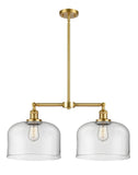 209-SG-G72-L 2-Light 21" Satin Gold Island Light - Clear X-Large Bell Glass - LED Bulb - Dimmensions: 21 x 5 x 10<br>Minimum Height : 23.125<br>Maximum Height : 47.125 - Sloped Ceiling Compatible: Yes