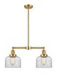 209-SG-G72 2-Light 21" Satin Gold Island Light - Clear Large Bell Glass - LED Bulb - Dimmensions: 21 x 5 x 10<br>Minimum Height : 20.875<br>Maximum Height : 44.875 - Sloped Ceiling Compatible: Yes