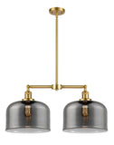 209-SG-G73-L 2-Light 21" Satin Gold Island Light - Plated Smoke X-Large Bell Glass - LED Bulb - Dimmensions: 21 x 5 x 10<br>Minimum Height : 23.125<br>Maximum Height : 47.125 - Sloped Ceiling Compatible: Yes