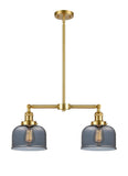 209-SG-G73 2-Light 21" Satin Gold Island Light - Plated Smoke Large Bell Glass - LED Bulb - Dimmensions: 21 x 5 x 10<br>Minimum Height : 20.875<br>Maximum Height : 44.875 - Sloped Ceiling Compatible: Yes
