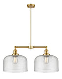 209-SG-G74-L 2-Light 21" Satin Gold Island Light - Seedy X-Large Bell Glass - LED Bulb - Dimmensions: 21 x 5 x 10<br>Minimum Height : 23.125<br>Maximum Height : 47.125 - Sloped Ceiling Compatible: Yes