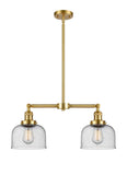 209-SG-G74 2-Light 21" Satin Gold Island Light - Seedy Large Bell Glass - LED Bulb - Dimmensions: 21 x 5 x 10<br>Minimum Height : 20.875<br>Maximum Height : 44.875 - Sloped Ceiling Compatible: Yes