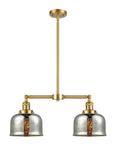 209-SG-G78 2-Light 24" Satin Gold Island Light - Silver Plated Mercury Large Bell Glass - LED Bulb - Dimmensions: 24 x 7.5 x 10<br>Minimum Height : 20.875<br>Maximum Height : 44.875 - Sloped Ceiling Compatible: Yes