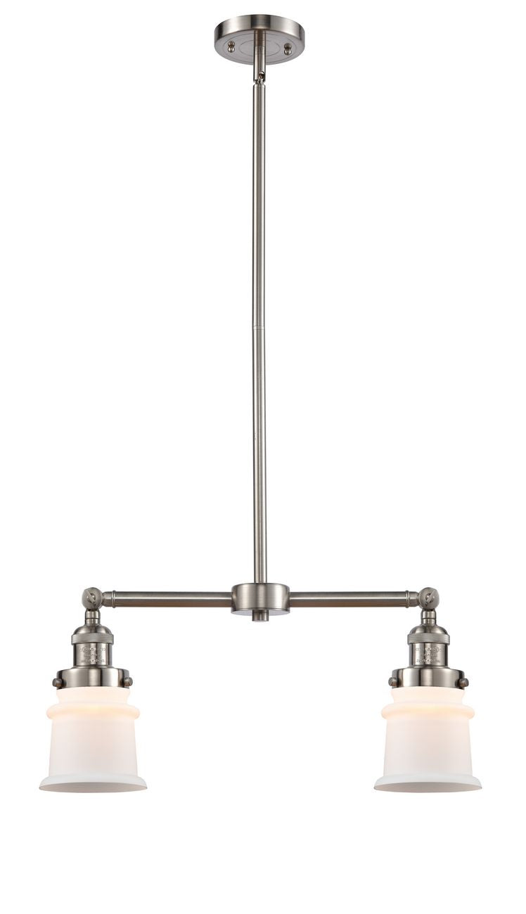 209-SN-G181S 2-Light 21" Brushed Satin Nickel Island Light - Matte White Small Canton Glass - LED Bulb - Dimmensions: 21 x 5 x 10<br>Minimum Height : 20.625<br>Maximum Height : 44.625 - Sloped Ceiling Compatible: Yes