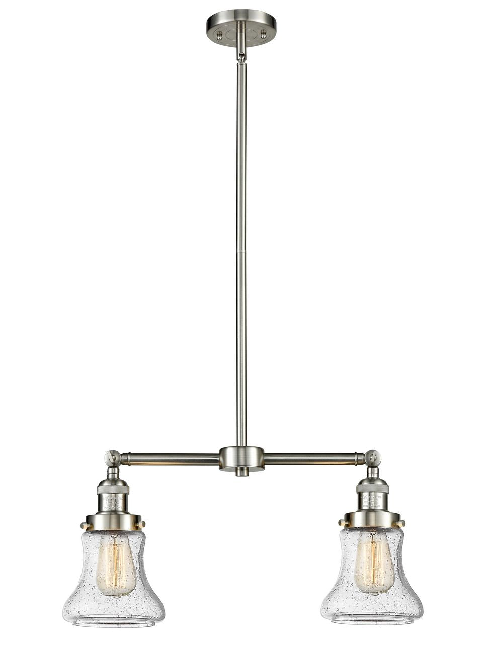 209-SN-G194 2-Light 21" Brushed Satin Nickel Island Light - Seedy Bellmont Glass - LED Bulb - Dimmensions: 21 x 5 x 10<br>Minimum Height : 21.375<br>Maximum Height : 45.375 - Sloped Ceiling Compatible: Yes