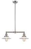 209-SN-G1 2-Light 21" Brushed Satin Nickel Island Light - White Halophane Glass - LED Bulb - Dimmensions: 21 x 5 x 10<br>Minimum Height : 17.125<br>Maximum Height : 41.125 - Sloped Ceiling Compatible: Yes