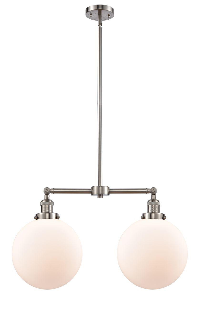 209-SN-G201-10 2-Light 25" Brushed Satin Nickel Island Light - Matte White Cased Beacon Glass - LED Bulb - Dimmensions: 25 x 10 x 14<br>Minimum Height : 24.875<br>Maximum Height : 48.875 - Sloped Ceiling Compatible: Yes