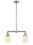 209-SN-G201-6 2-Light 23" Brushed Satin Nickel Island Light - Matte White Cased Beacon Glass - LED Bulb - Dimmensions: 23 x 6 x 10<br>Minimum Height : 20.875<br>Maximum Height : 44.875 - Sloped Ceiling Compatible: Yes
