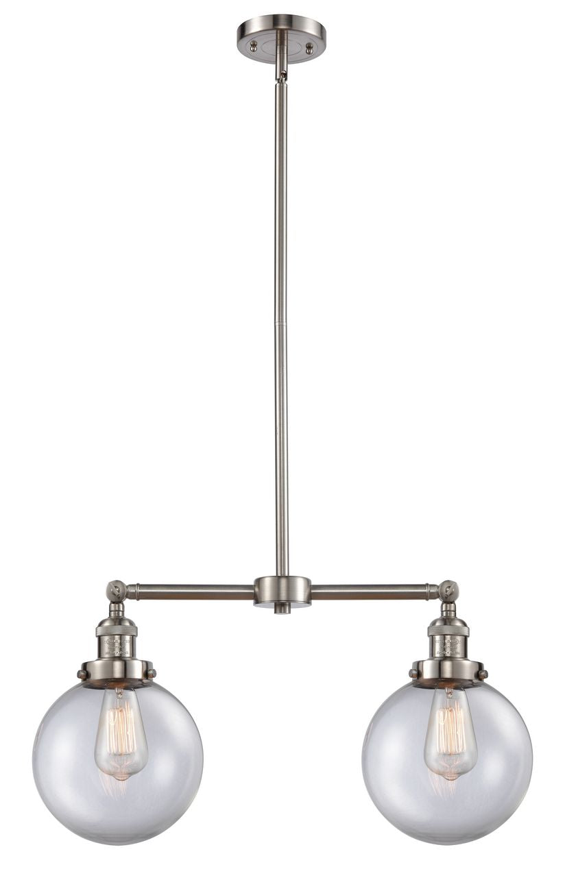 209-SN-G202-8 2-Light 25" Brushed Satin Nickel Island Light - Clear Beacon Glass - LED Bulb - Dimmensions: 25 x 8 x 12.5<br>Minimum Height : 22.875<br>Maximum Height : 46.875 - Sloped Ceiling Compatible: Yes