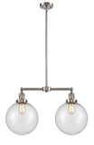 209-SN-G204-10 2-Light 25" Brushed Satin Nickel Island Light - Seedy Beacon Glass - LED Bulb - Dimmensions: 25 x 10 x 14<br>Minimum Height : 24.875<br>Maximum Height : 48.875 - Sloped Ceiling Compatible: Yes