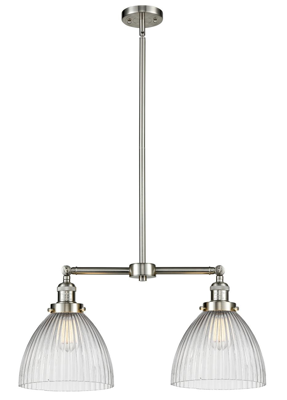 209-SN-G222 2-Light 21" Brushed Satin Nickel Island Light - Clear Halophane Seneca Falls Glass - LED Bulb - Dimmensions: 21 x 5 x 10<br>Minimum Height : 23.125<br>Maximum Height : 47.125 - Sloped Ceiling Compatible: Yes