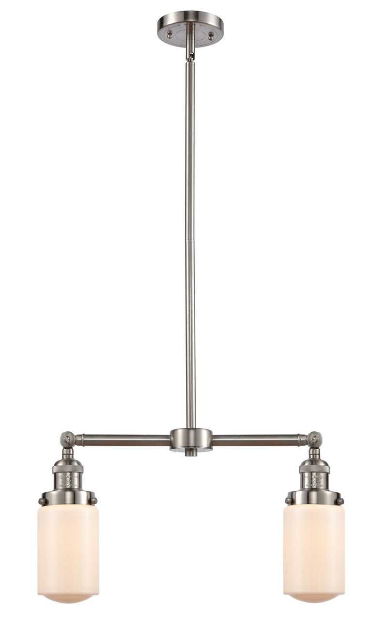 209-SN-G311 2-Light 21" Brushed Satin Nickel Island Light - Matte White Cased Dover Glass - LED Bulb - Dimmensions: 21 x 4.5 x 10.75<br>Minimum Height : 21.625<br>Maximum Height : 44.625 - Sloped Ceiling Compatible: Yes