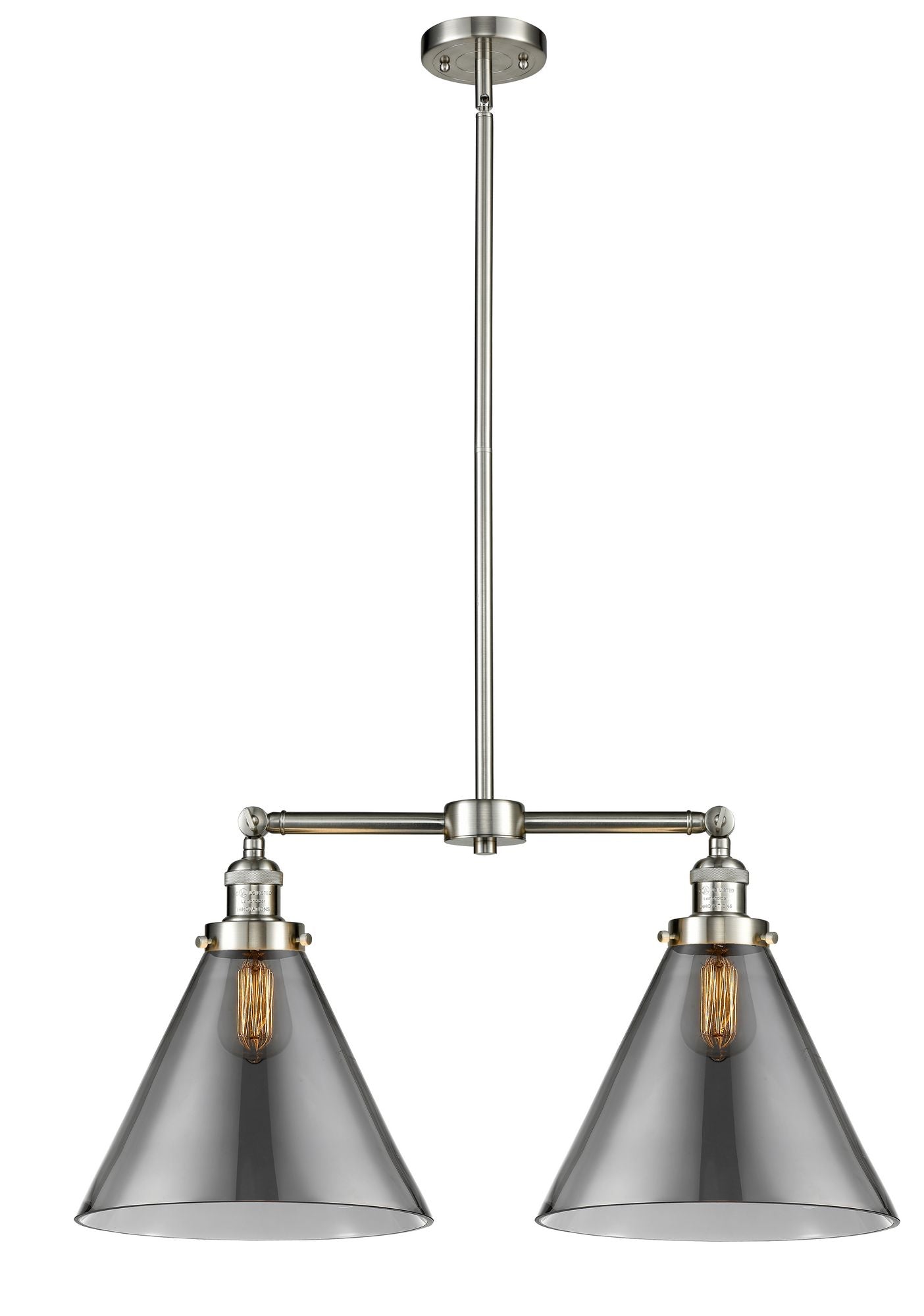 209-SN-G43-L 2-Light 21" Brushed Satin Nickel Island Light - Plated Smoke Cone 12" Glass - LED Bulb - Dimmensions: 21 x 5 x 10<br>Minimum Height : 25.125<br>Maximum Height : 49.125 - Sloped Ceiling Compatible: Yes