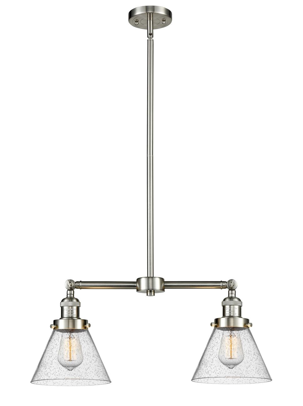 209-SN-G44 2-Light 21" Brushed Satin Nickel Island Light - Seedy Large Cone Glass - LED Bulb - Dimmensions: 21 x 5 x 10<br>Minimum Height : 21.125<br>Maximum Height : 45.125 - Sloped Ceiling Compatible: Yes