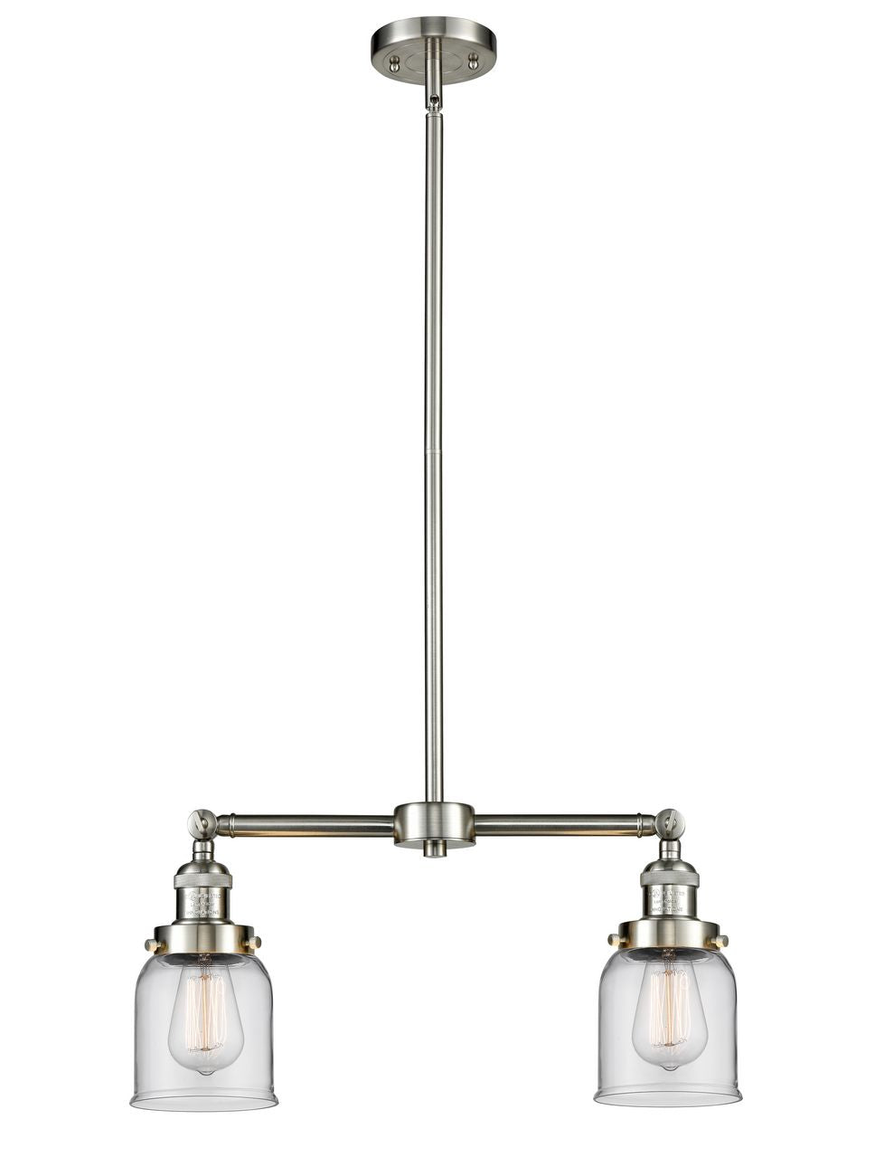 209-SN-G52 2-Light 21" Brushed Satin Nickel Island Light - Clear Small Bell Glass - LED Bulb - Dimmensions: 21 x 5 x 10<br>Minimum Height : 20.875<br>Maximum Height : 44.875 - Sloped Ceiling Compatible: Yes