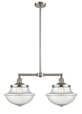 209-SN-G544 2-Light 25" Brushed Satin Nickel Island Light - Seedy Large Oxford Glass - LED Bulb - Dimmensions: 25 x 12 x 10<br>Minimum Height : 23.25<br>Maximum Height : 47.25 - Sloped Ceiling Compatible: Yes