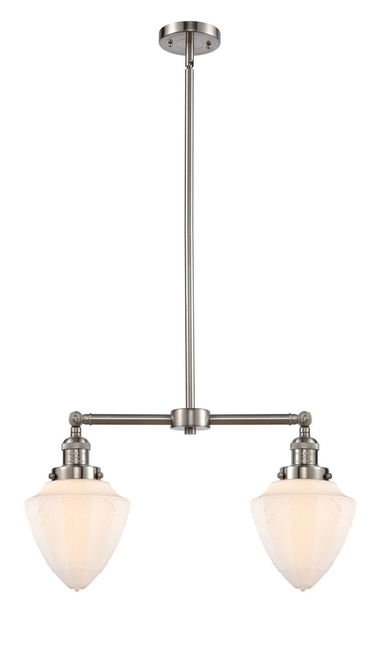 209-SN-G661-7 2-Light 24" Brushed Satin Nickel Island Light - Matte White Cased Small Bullet Glass - LED Bulb - Dimmensions: 24 x 7 x 15.25<br>Minimum Height : 24.25<br>Maximum Height : 48.25 - Sloped Ceiling Compatible: Yes