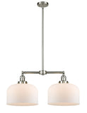 209-SN-G71-L 2-Light 21" Brushed Satin Nickel Island Light - Matte White Cased X-Large Bell Glass - LED Bulb - Dimmensions: 21 x 5 x 10<br>Minimum Height : 23.125<br>Maximum Height : 47.125 - Sloped Ceiling Compatible: Yes