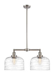 209-SN-G713-L 2-Light 21" Brushed Satin Nickel Island Light - Clear Deco Swirl X-Large Bell Glass - LED Bulb - Dimmensions: 21 x 5 x 10<br>Minimum Height : 23.125<br>Maximum Height : 47.125 - Sloped Ceiling Compatible: Yes