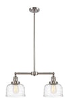 209-SN-G713 2-Light 21" Brushed Satin Nickel Island Light - Clear Deco Swirl Large Bell Glass - LED Bulb - Dimmensions: 21 x 5 x 10<br>Minimum Height : 20.875<br>Maximum Height : 44.875 - Sloped Ceiling Compatible: Yes