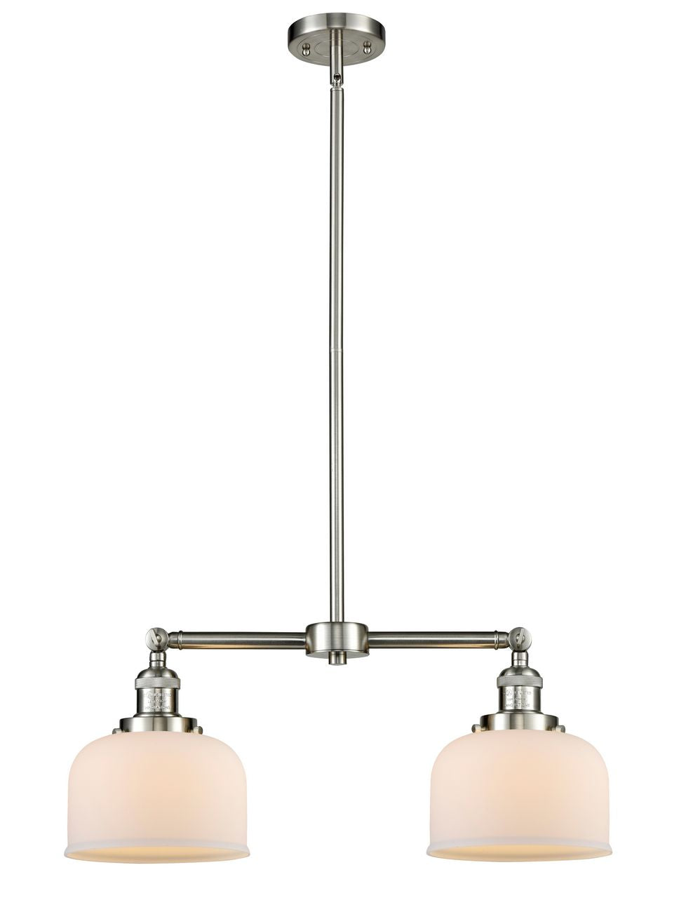 209-SN-G71 2-Light 21" Brushed Satin Nickel Island Light - Matte White Cased Large Bell Glass - LED Bulb - Dimmensions: 21 x 5 x 10<br>Minimum Height : 20.875<br>Maximum Height : 44.875 - Sloped Ceiling Compatible: Yes