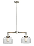 209-SN-G72 2-Light 21" Brushed Satin Nickel Island Light - Clear Large Bell Glass - LED Bulb - Dimmensions: 21 x 5 x 10<br>Minimum Height : 20.875<br>Maximum Height : 44.875 - Sloped Ceiling Compatible: Yes