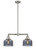 209-SN-G73 2-Light 21" Brushed Satin Nickel Island Light - Plated Smoke Large Bell Glass - LED Bulb - Dimmensions: 21 x 5 x 10<br>Minimum Height : 20.875<br>Maximum Height : 44.875 - Sloped Ceiling Compatible: Yes