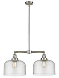 209-SN-G74-L 2-Light 21" Brushed Satin Nickel Island Light - Seedy X-Large Bell Glass - LED Bulb - Dimmensions: 21 x 5 x 10<br>Minimum Height : 23.125<br>Maximum Height : 47.125 - Sloped Ceiling Compatible: Yes