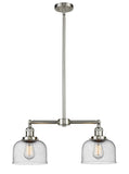 209-SN-G74 2-Light 21" Brushed Satin Nickel Island Light - Seedy Large Bell Glass - LED Bulb - Dimmensions: 21 x 5 x 10<br>Minimum Height : 20.875<br>Maximum Height : 44.875 - Sloped Ceiling Compatible: Yes
