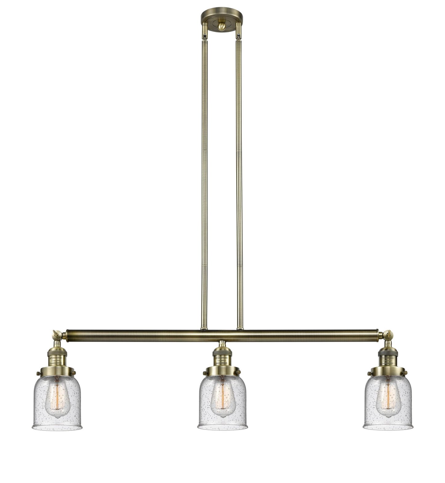 3-Light 37.5" Brushed Satin Nickel Island Light - Seedy Small Bell Glass LED