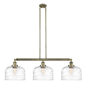 3-Light 42" X-Large Bell Island Light - Bell-Urn Clear Deco Swirl Glass - Choice of Finish And Incandesent Or LED Bulbs