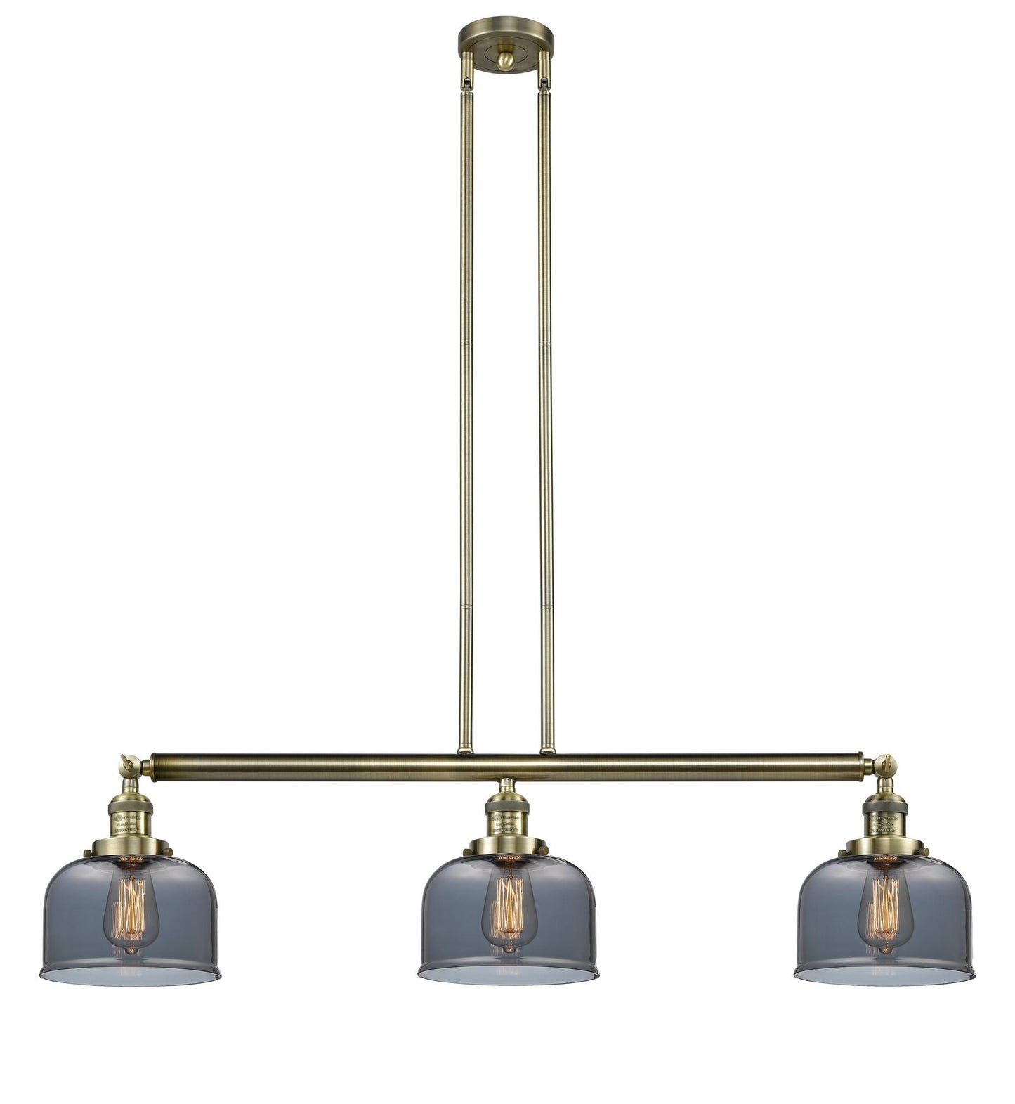 3-Light 40.5" Antique Brass Island Light - Plated Smoke Large Bell Glass LED