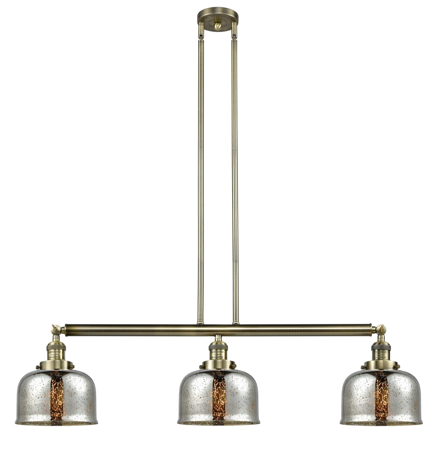 3-Light 40.5" Antique Brass Island Light - Silver Plated Mercury Large Bell Glass LED
