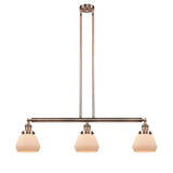 213-AC-G171 3-Light 39.25" Antique Copper Island Light - Matte White Cased Fulton Glass - LED Bulb - Dimmensions: 39.25 x 6.75 x 10<br>Minimum Height : 19.5<br>Maximum Height : 43.5 - Sloped Ceiling Compatible: Yes