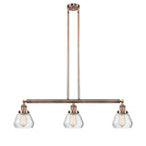 213-AC-G172 3-Light 39.25" Antique Copper Island Light - Clear Fulton Glass - LED Bulb - Dimmensions: 39.25 x 6.75 x 10<br>Minimum Height : 19.5<br>Maximum Height : 43.5 - Sloped Ceiling Compatible: Yes