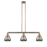 213-AC-G173 3-Light 39.25" Antique Copper Island Light - Plated Smoke Fulton Glass - LED Bulb - Dimmensions: 39.25 x 6.75 x 10<br>Minimum Height : 19.5<br>Maximum Height : 43.5 - Sloped Ceiling Compatible: Yes