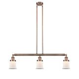 213-AC-G181S 3-Light 38.5" Antique Copper Island Light - Matte White Small Canton Glass - LED Bulb - Dimmensions: 38.5 x 6 x 11<br>Minimum Height : 19.75<br>Maximum Height : 43.75 - Sloped Ceiling Compatible: Yes