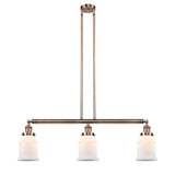 213-AC-G181 3-Light 38.5" Antique Copper Island Light - Matte White Canton Glass - LED Bulb - Dimmensions: 38.5 x 6 x 11<br>Minimum Height : 21.5<br>Maximum Height : 45.5 - Sloped Ceiling Compatible: Yes
