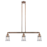 213-AC-G182S 3-Light 38.5" Antique Copper Island Light - Clear Small Canton Glass - LED Bulb - Dimmensions: 38.5 x 6 x 11<br>Minimum Height : 19.75<br>Maximum Height : 43.75 - Sloped Ceiling Compatible: Yes