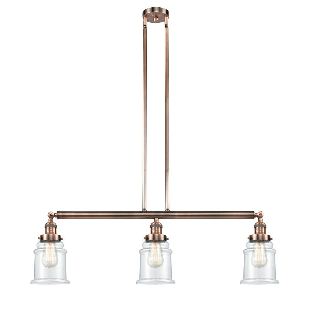 213-AC-G182 3-Light 38.5" Antique Copper Island Light - Clear Canton Glass - LED Bulb - Dimmensions: 38.5 x 6 x 11<br>Minimum Height : 21.5<br>Maximum Height : 45.5 - Sloped Ceiling Compatible: Yes