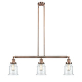 213-AC-G182 3-Light 38.5" Antique Copper Island Light - Clear Canton Glass - LED Bulb - Dimmensions: 38.5 x 6 x 11<br>Minimum Height : 21.5<br>Maximum Height : 45.5 - Sloped Ceiling Compatible: Yes