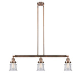 213-AC-G184S 3-Light 38.5" Antique Copper Island Light - Seedy Small Canton Glass - LED Bulb - Dimmensions: 38.5 x 6 x 11<br>Minimum Height : 19.75<br>Maximum Height : 43.75 - Sloped Ceiling Compatible: Yes