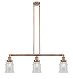 213-AC-G184 3-Light 38.5" Antique Copper Island Light - Seedy Canton Glass - LED Bulb - Dimmensions: 38.5 x 6 x 11<br>Minimum Height : 21.5<br>Maximum Height : 45.5 - Sloped Ceiling Compatible: Yes